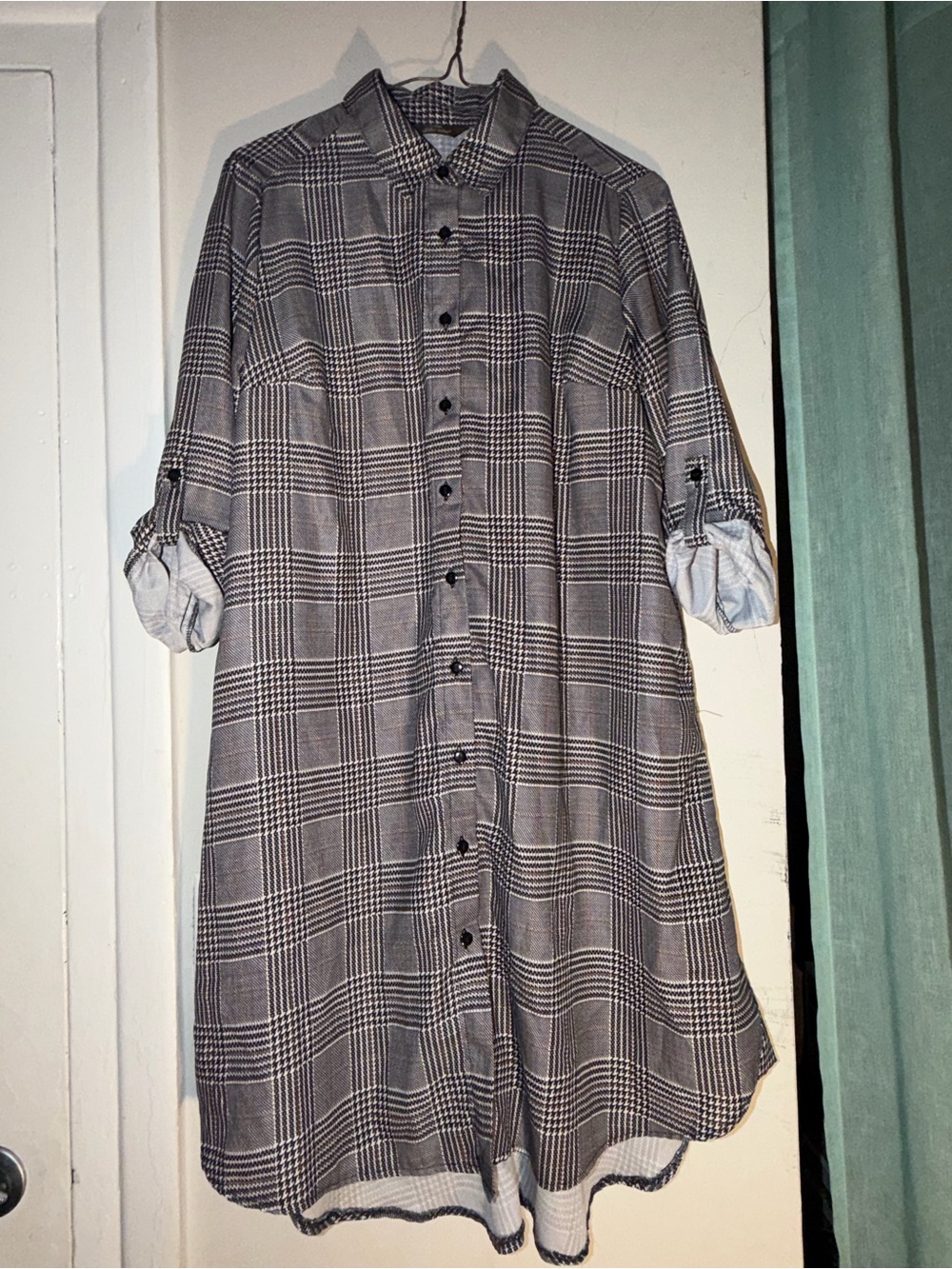 Mlle Gabrielle Gray Plaid Midi Shirt Dress